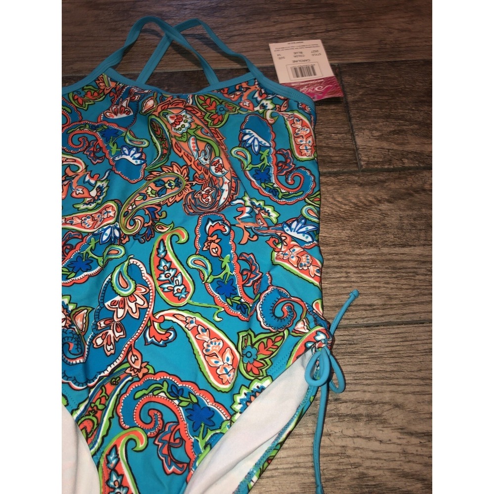 New‎ Kanu Surf Girls' Caroline One-Piece Swimsuit Blue Paisley Big Girls Sz 14 - Picture 2 of 4